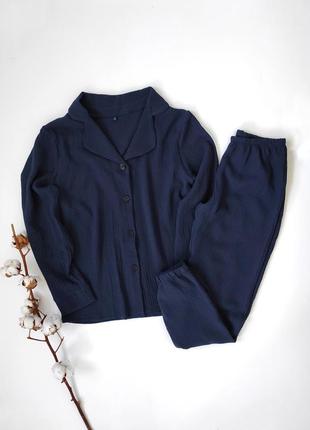 Муслінова піжама сорочка + штани синя жіноча чоловіча натуральна тонка пижама майка шорти