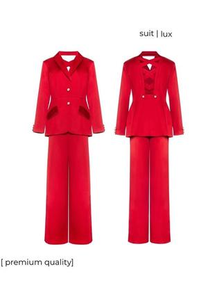 Костюм - двойка женский брючный атласный, пиджак с оригинальны декором, брюки, красный на выпускной