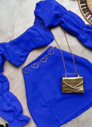 Трендовий костюм топ з рукавами ліхтариками на резинці з відкритими плечима спідниця коротка з високою посадкою по фігурі льняний