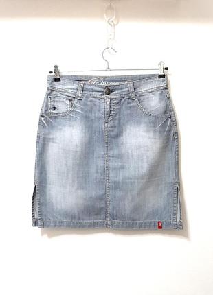 Edc by esprit трендовая юбка джинсовая оригинал + нюанс, голубая с разрезами в швах мини женская 48