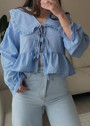 Женская льняная рубашка с воротничком в стиле zara
