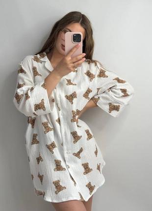 Нічна сорочка з мусліну з ведмедиками з рукавом ночнушка на подарунок жіноча для підлітка вільна