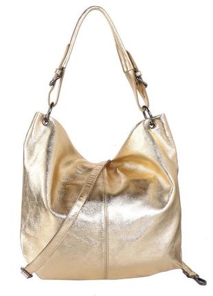 Женская кожаная большая золотая сумка мешок