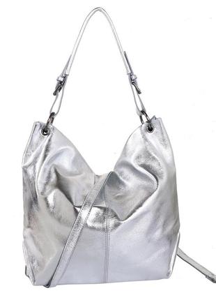 Женская кожаная большая серебристая сумка мешок