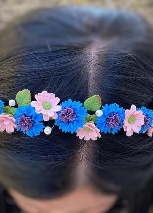 Обруч з квітами, обруч блакитні волошки та ніжно рожеві ромашки