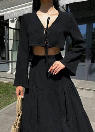 Костюм женский муслиновый укороченная блуза юбка макси с разрезом по ноге на высокой посадке качественный летний бежевый черный10 фото