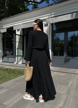 Костюм женский муслиновый укороченная блуза юбка макси с разрезом по ноге на высокой посадке качественный летний бежевый черный7 фото
