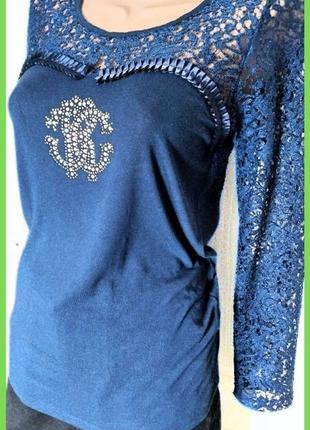 Ефектний синій лонгслів блуза мереживо віскоза р.s, м roberto cavalli італія