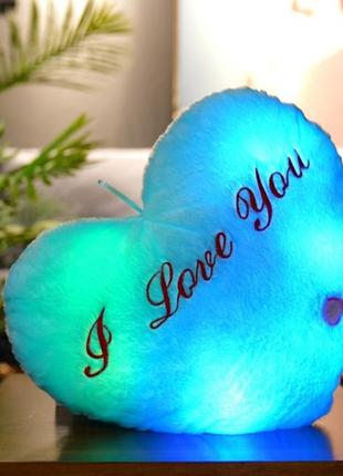 Подушка нічник сердце з підсвіткою 36x30 см блакитне5 фото