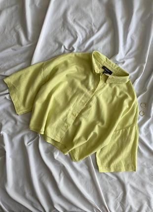 Яскрава вкорочена сорочка з коротким рукавом, лимонна рубашка льон
