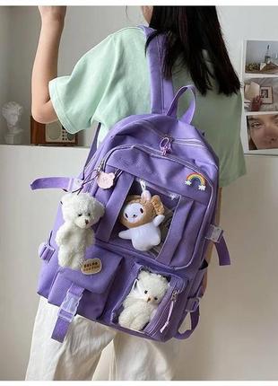 Рюкзак школьный для девочки teddy (тедди) с брелком мишка и стикерами фиолетовый goghvinci(av305)3 фото