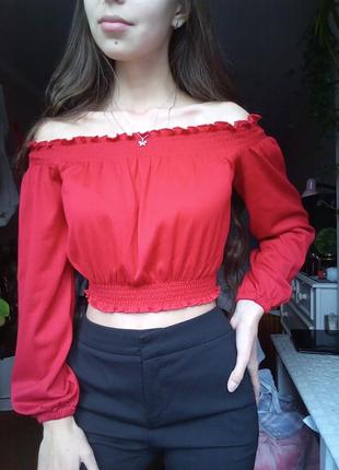 Кроп топ із відкритими плечима, червоний топ блузка, блузка з відкритими плечима, коротка блузка, топік із рукавами