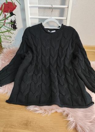 Трикотажный черный свитер крупной вязки с косами, размер м**
