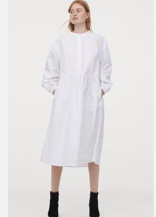Платье- рубашка миди платье белое оверсайз карманы длинный рукав воротничок стойка