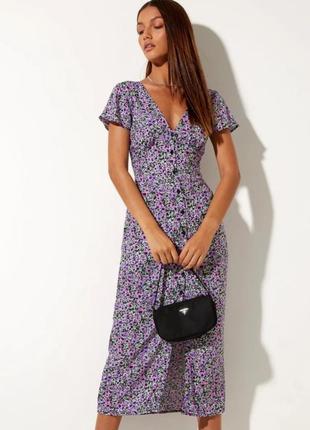 Платье женское фиолетовое черное цветочный принт миди