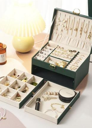 Большая шкатулка для украшений с выдвижными ящиками из кожзама с зеркалом