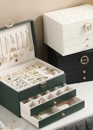 Большая шкатулка для украшений с выдвижными ящиками из кожзама с зеркалом