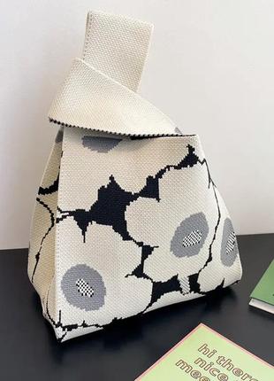 Тренд стильна чорно біла в квіти жіноча в'язана текстильна сумка шопер