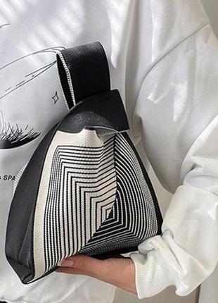 Тренд стильна чорно біла геометричний узор жіноча в'язана текстильна сумка шопер