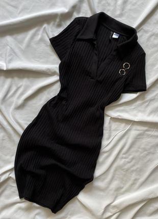 Черное маленькое платье поло в широкий рубчик, мини платье с воротничком h&amp;m