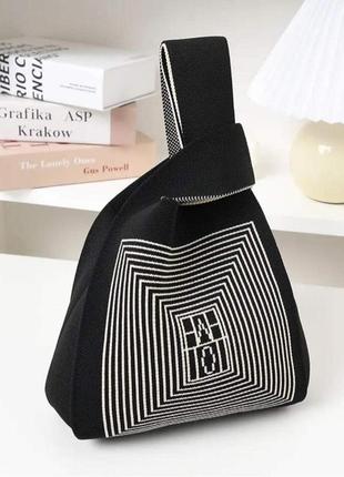 Тренд стильна чорна жіноча в'язана текстильна сумка шопер графічний принт абстракція