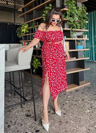 Легкий женский летний костюм красный кофта + юбка большие размеры батал plus size