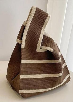 Тренд стильна коричнево біла жіноча в'язана текстильна сумка шопер