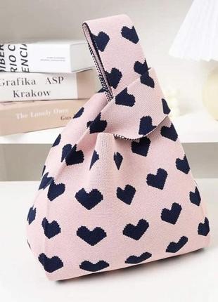 Тренд стильна рожева жіноча в'язана текстильна сумка шопер графічний принт серце