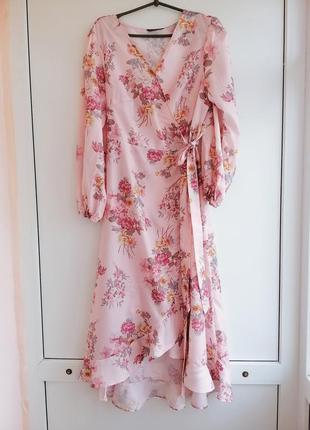 Платье женское розовое цветочный принт миди