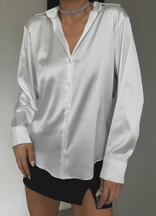 Женская качественная белая черная атласная блуза блузка рубашка на пуговицах длинный рукав