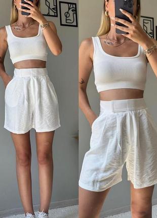 Льняные шорты бермуды на высокой посадке широкие свободного кроя короткие стильные базовые бежевые розовые