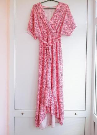 Платье женское розовое белое цветочный принт миди