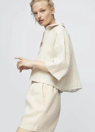 Блуза сорочка жіноча натуральна бренд хіт тренд літо h&amp;m укорочена беж льон лляна