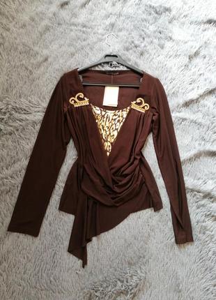 Луза кофта с эффектом запаха с напылением золото под хищный принт леопард лео красивые брошки с камн