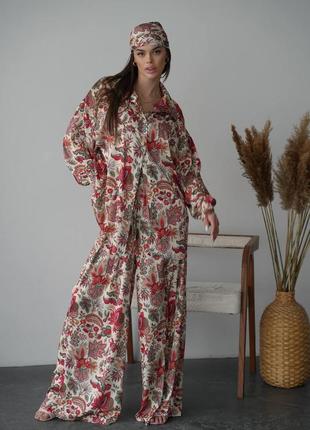 Женский качественный яркий летний брючный костюм рубашка оверсайз широкие брюки палаццо в цветы