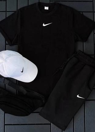 Мужской летний спортивный костюм nike черный 4в1, комплект найк на лето шорты + футболка + кепка + бананка