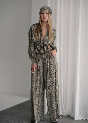 Женский качественный яркий летний брючный костюм рубашка оверсайз широкие брюки палаццо леопард