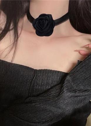 Стильний чорний оксамитовий чокер кольє намисто сатинова квітка пов'язка на шию