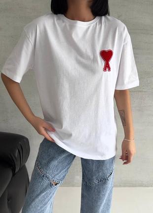Оверсайз белая футболка с красной вышивкой ami премиум туречна