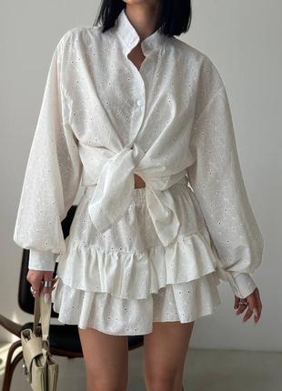 Женский летний белый костюм оверсайз-рубашка и короткая мини-юбка шорты прошва