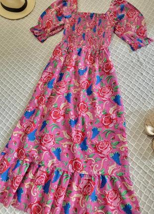 Натуральное розовое макси платье с фонариком