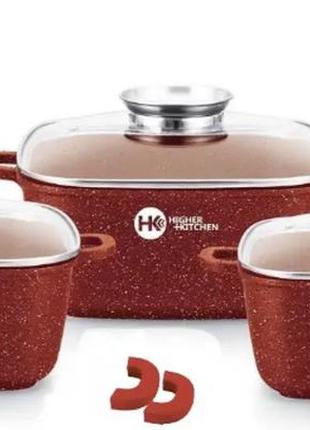 Набор кастрюль с гранитным покрытием красный  higher kitchen ( 8 предметов)  нк-302