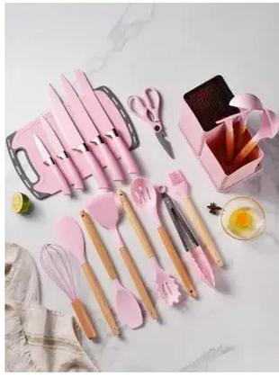 Набор ножей + кухонные принадлежности (19 предметов) розовый zepline zp-107