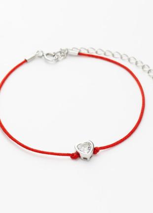 Серебряный браслет с красной нитью сердце с фианитом, размер 17 см x 0,2 см, вес: 0.9 г