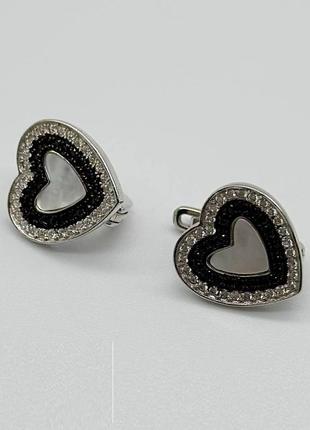 Срібні сережки в стилі "van cleef та arpels" зі вставкою фіаніт/перламутр