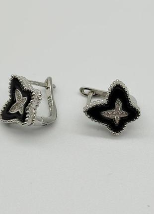 Серебряные серьги в стиле "van cleef  и  arpels" со вставкой фианит/оникс