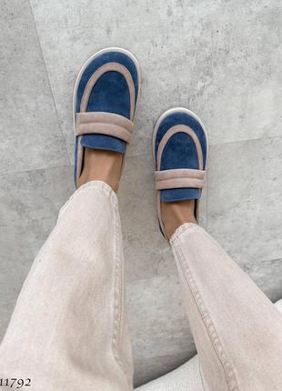 Premium! жіночі замшеві синій лофери весняні туфлі натуральна замша весна осінь6 фото