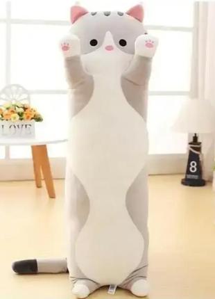 Мягкая игрушка подушка обнимашка кот батон 70 см, мягкая плюшевая игрушка кот, цвет серый