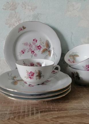 4 пары тарелки и чашки konitz гдр 1954-1962 винтаж цветы позолота