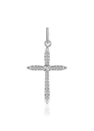Срібна підвіска хрестик родований декоративний з білими фіанітами